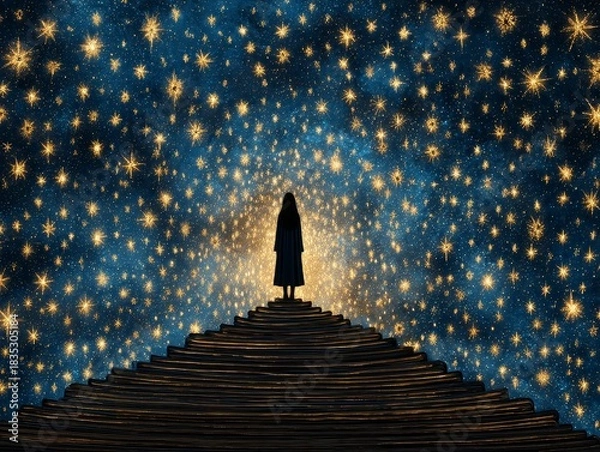 Fototapeta Lone traveler's spiritual journey stairway to stars pyramid structure cosmic light astral energy silhouette