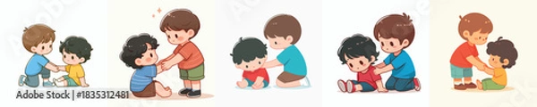 Fototapeta vector little boy helping his friend get up