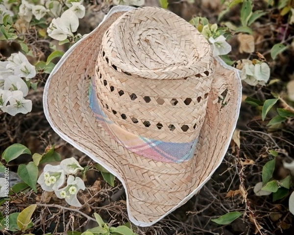 Fototapeta Straw hat with colorful band resting on dry branches, Close-up of woven straw hat among white bougainvillea flowers in a garden