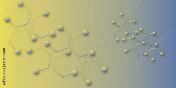 Fototapeta "Abstract yellow blue gradient background with 3D circular nodes and geometric connecting lines, modern tech network design perfect for digital graphics, presentations, covers and futuristic layouts."
