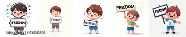 Fototapeta vector of a little boy holding a sign that says "Freedom"