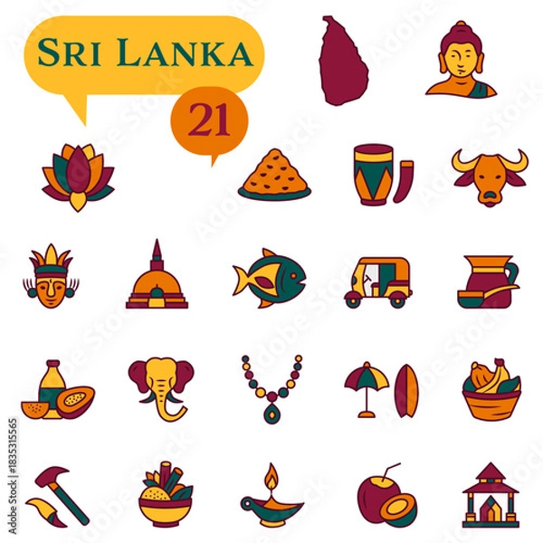 Fototapeta National icons with outlines Sri Lanka about culture, architecture, and traditions.