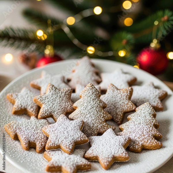 Obraz Sweet Christmas Dessert with Star and Tree Shaped Cookies.