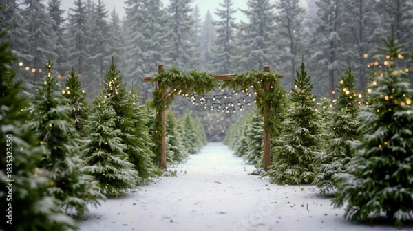 Obraz A snowy pathway lined with lit Christmas trees