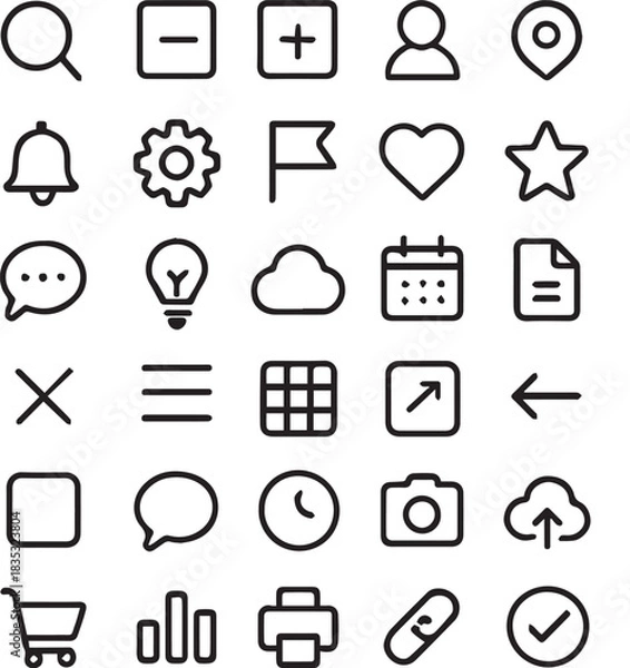 Obraz Collection of minimalist black line icons representing various functions and symbols for user interface design and app development perfect for web design projects