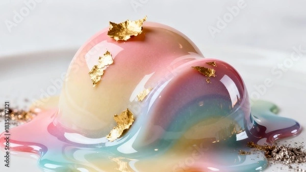 Fototapeta Close-up of Colorful, Glossy Dessert with Melting Shape and Glitter