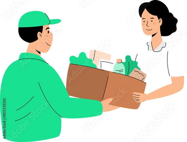 Obraz Courier Delivers Package to Customer Vector Illustration