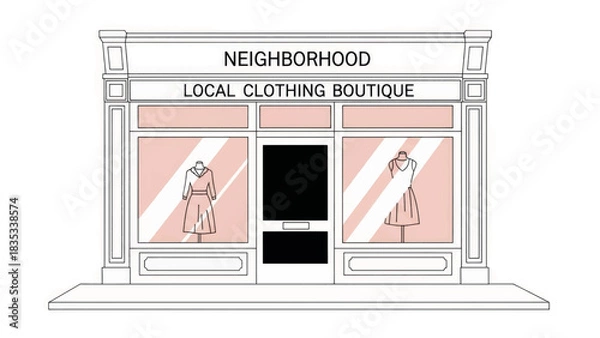 Obraz Neighborhood clothing boutique vector illustration. Minimalist line art of a local shop storefront. Small business and fashion retail concept.