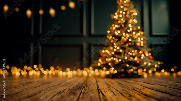Obraz A Christmas tree with lights on a wooden floor