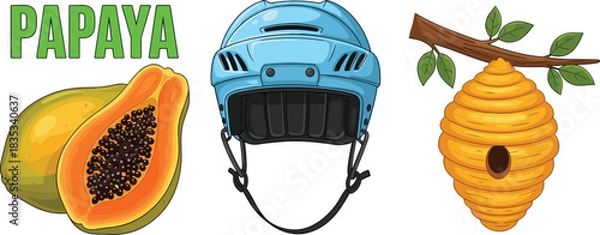 Obraz Papaya fruit illustration, blue sports helmet artwork, hanging beehive on branch design, mixed themed graphic collection for food, safety, nature concepts