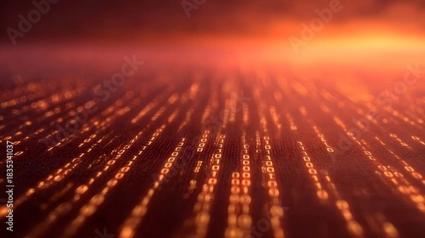 Fototapeta Abstract glowing binary code streams receding into a dramatic crimson sunset horizon