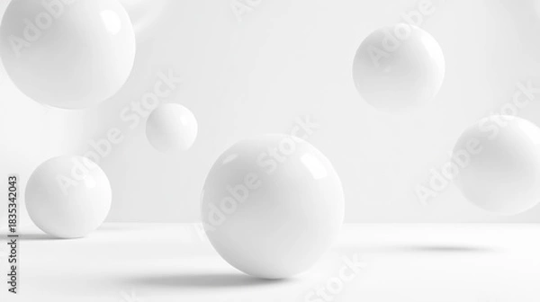 Fototapeta 白い球体が浮かぶミニマルな3D背景
