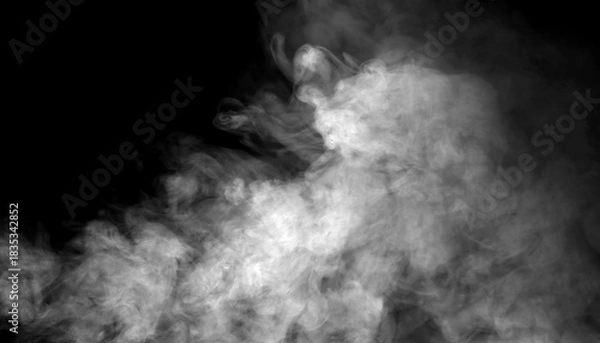 Fototapeta Dense white smoke drifting on a dark background creates a dramatic atmospheric texture, ideal for design overlays, cinematic effects, and creative compositions needing mist, fog, or vapor elements.