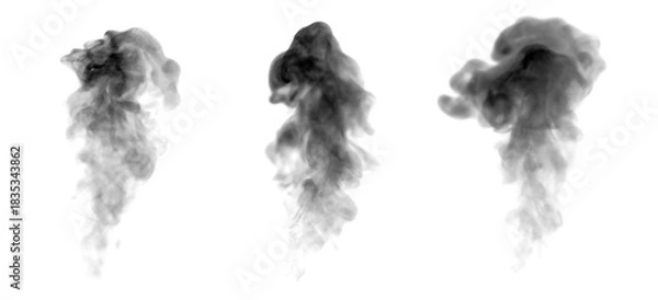 Fototapeta Realistic black smoke plumes isolated on a white background, showing soft swirling textures perfect for fire effects, industrial pollution concepts, visual effects design, creative photo compositing.