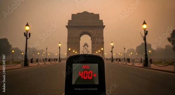 Fototapeta Elevated Air Quality Index of 400 Plus Displayed On Air Quality Checker Device In Front of India Gate Monument Due To Heavy Smog Air Pollution In New Delhi India
