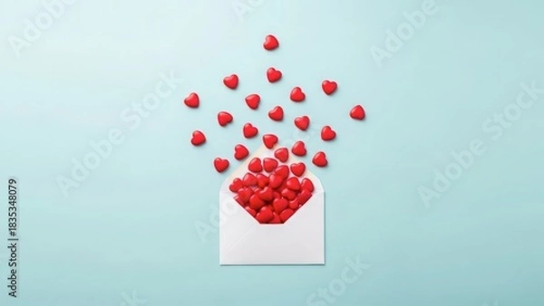 Fototapeta Love message: red hearts spilling from a white envelope on blue