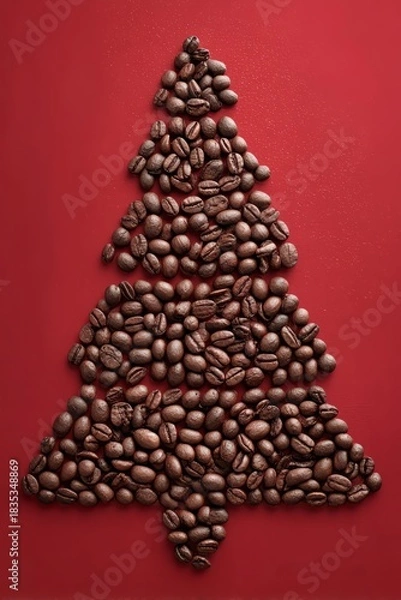 Obraz Coffee beans forming christmas tree on red background, vertical