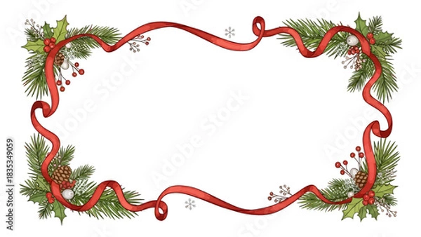 Fototapeta Create cheerful holiday greetings with this festive frame featuring ribbons, pine branches, and holly berries for warm Christmas wishes and seasonal joy