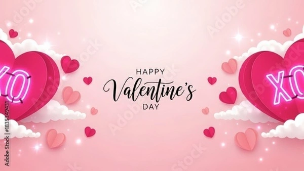 Fototapeta Happy valentine's day banner with hearts, clouds, and neon xo