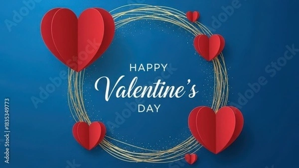 Fototapeta Happy valentine's day greeting with red paper hearts and gold lines