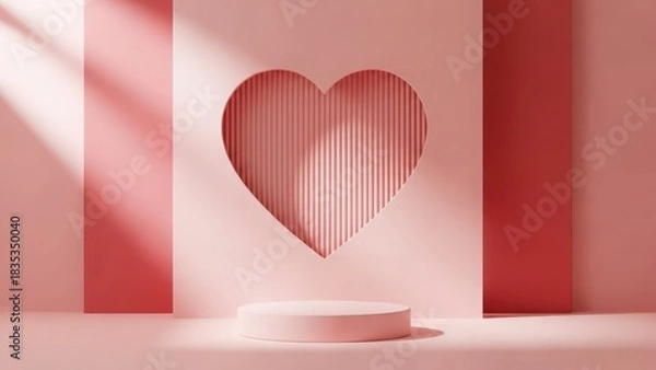 Fototapeta Pink studio background with heart cutout and pedestal, product display
