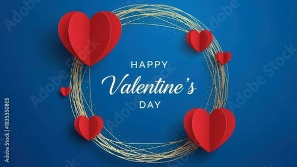 Fototapeta Happy valentine's day with red paper hearts and golden frame