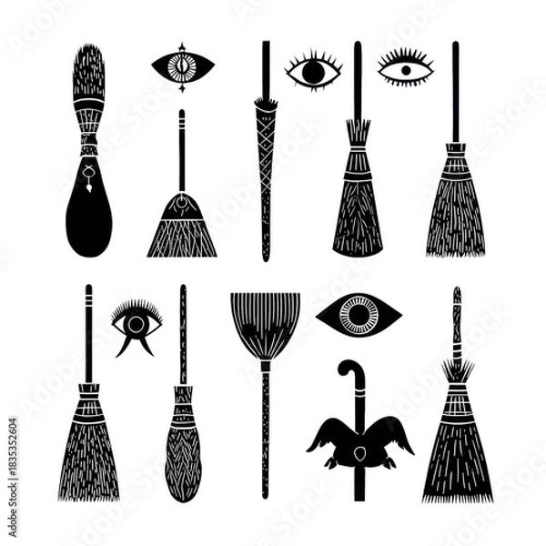 Fototapeta witchcraft broom and eye icons for halloween magic and occult vector symbols on transparent background