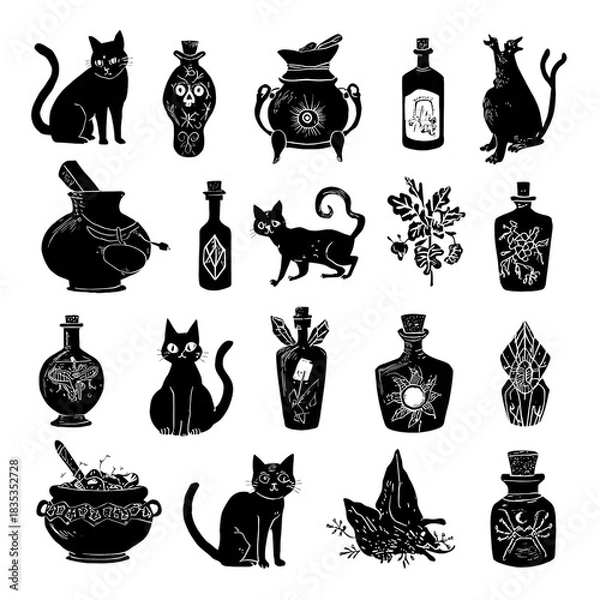 Fototapeta witchcraft and magic icons with cats, potions, and spells, black vector illustrations on transparent background