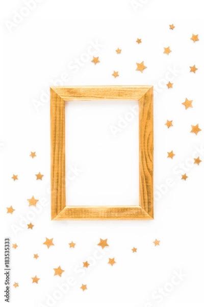 Obraz Christmas frame, golden stars on white background, flat lay, top view