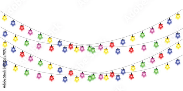 Fototapeta Three strings of star shaped colorful christmas lights hanging on a white background decoration holiday