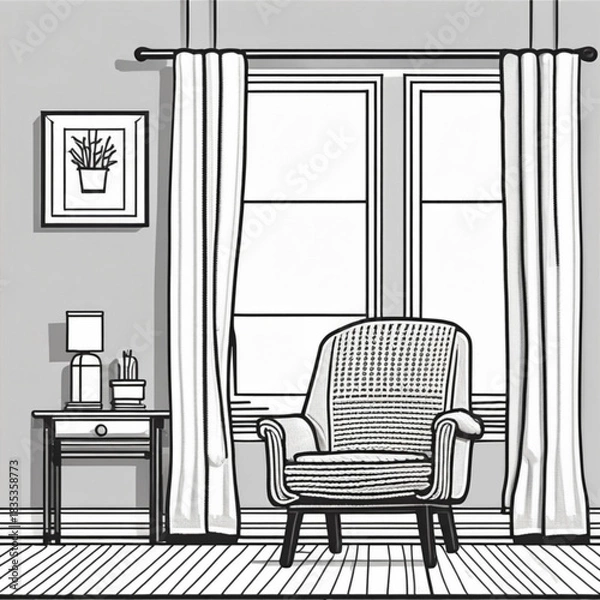 Obraz Minimalist interior with a comfortable chair and windows in black and white  