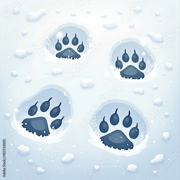 Obraz Animal paw prints in fresh snow with soft blue background  