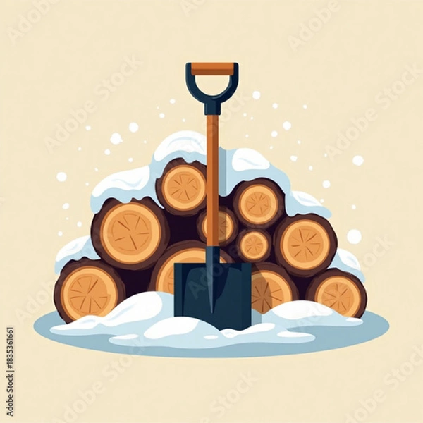 Obraz Pile of firewood with snow and shovel on light background  