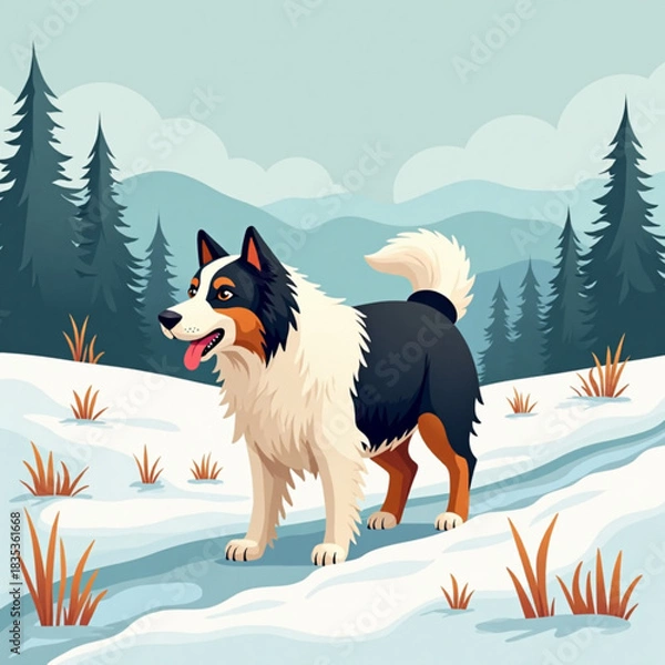 Obraz Dog standing in snowy landscape with pine trees and hills  