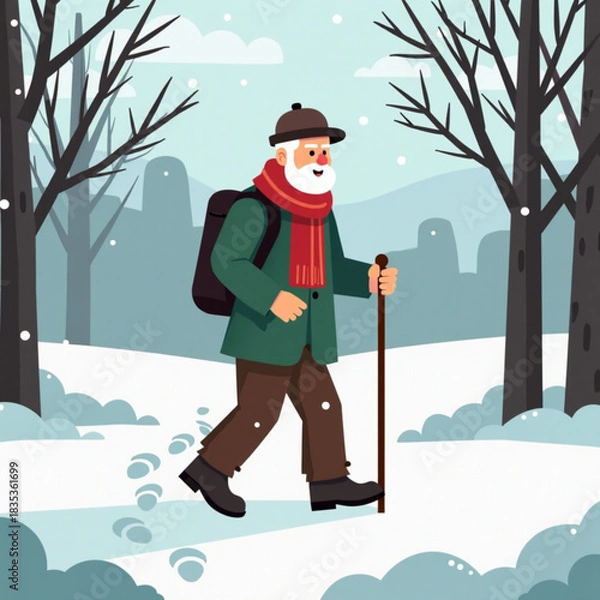 Obraz Elderly man hiking in winter forest with snow-covered ground  