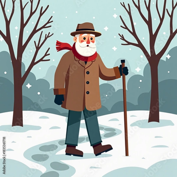 Obraz Elderly man walking with a cane in winter landscape with snow  