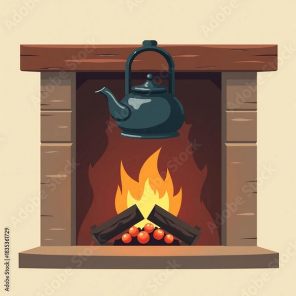 Obraz Vintage kettle hanging above roaring fireplace with wooden mantle  