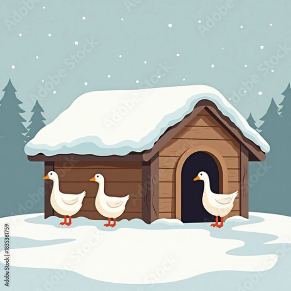 Obraz Three white ducks standing outside a wooden house in winter  