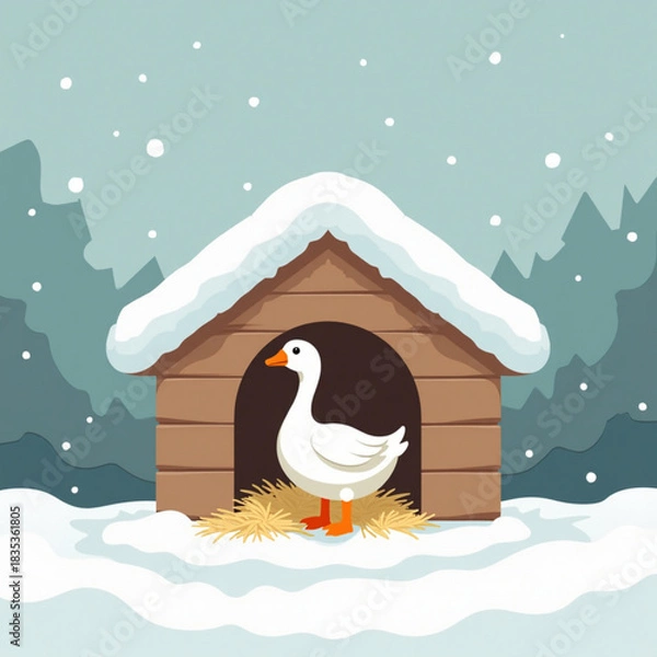 Obraz Goose standing outside wooden barn in snowy winter landscape  