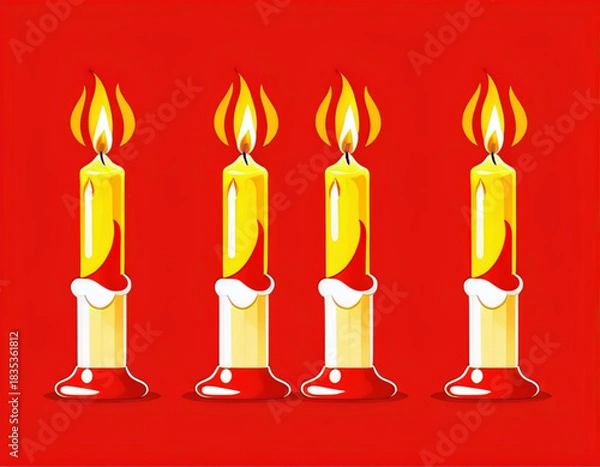 Obraz Four decorative candles with yellow flames on red background  