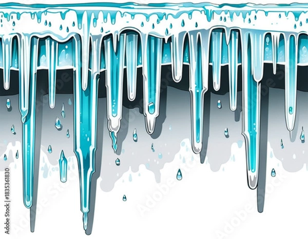 Obraz Ice icicles melting with water droplets on white background  