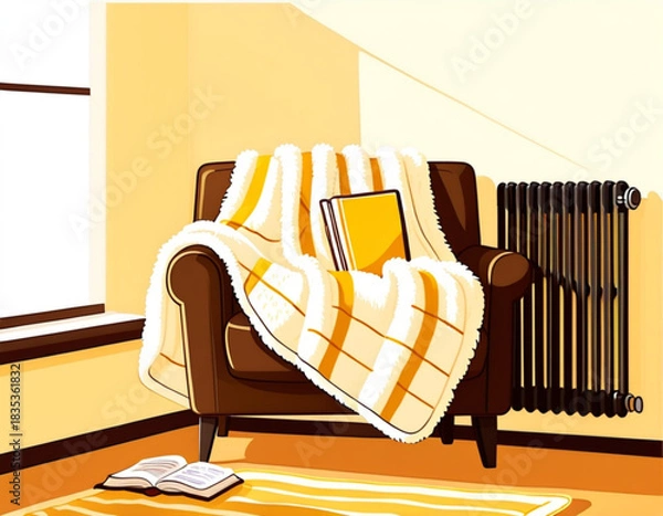 Obraz Cozy armchair with a warm blanket and book by the window  