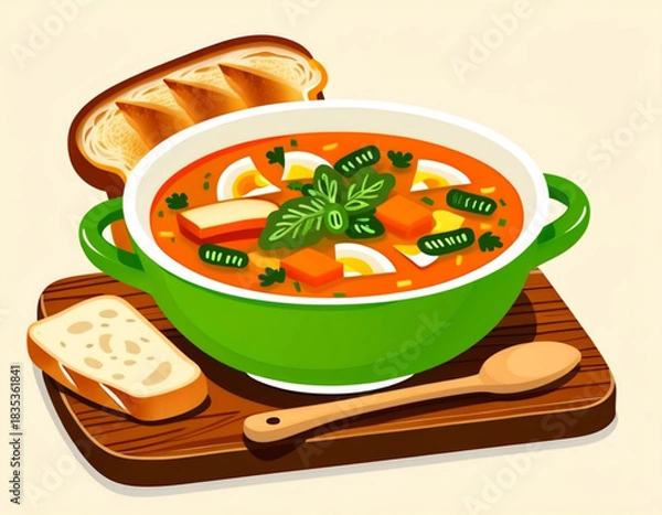 Obraz Colorful vegetable soup in green bowl with bread on wooden board  