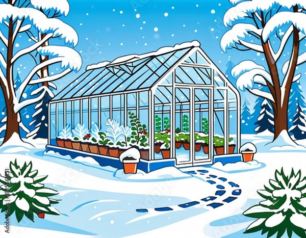 Obraz Greenhouse in winter surrounded by snow-covered trees and plants  