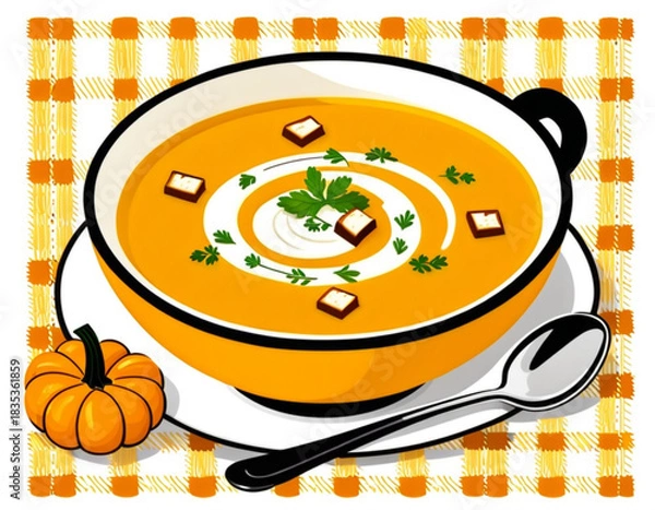 Obraz Pumpkin soup in bowl with cream swirl and croutons on table  
