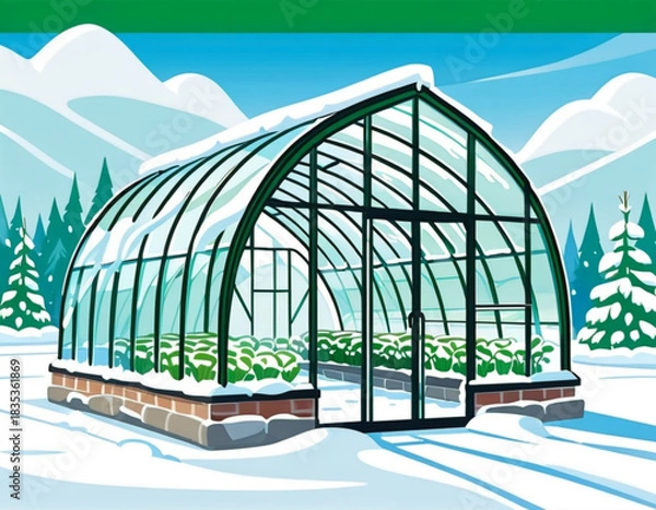 Obraz Greenhouse in winter landscape surrounded by snow-covered trees  