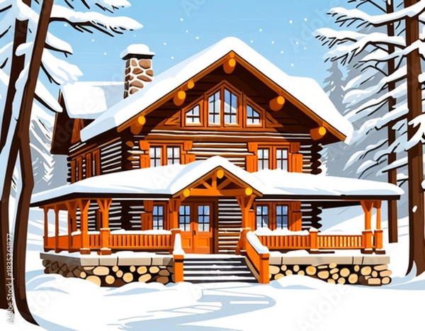 Obraz Cozy wooden cabin surrounded by snow-covered trees in winter  