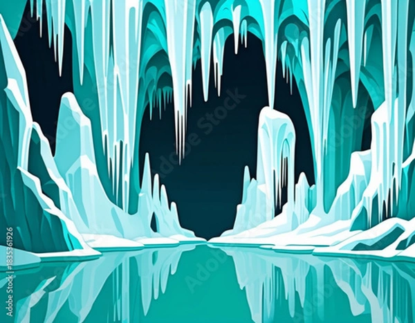 Obraz Icy cave with turquoise formations and reflective water surface  