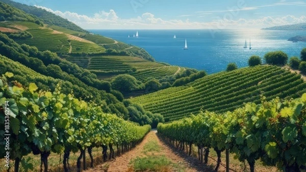 Obraz Vineyard slopes meet the sea