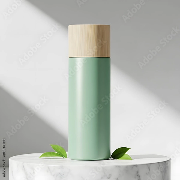 Fototapeta Minimalist Mint Green Cosmetic Bottle Mockup with Bamboo Cap on Marble Pedestal, Ideal for Beauty Product Display and Sustainable Branding Concepts